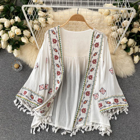 Bohemian Style Embroidered Tassel Chiffon Cardigan