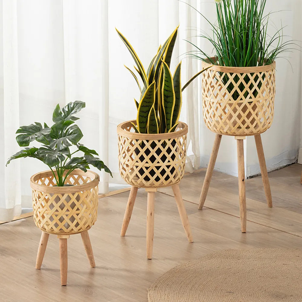 Handmade Bamboo Woven Flower Pot With Stand