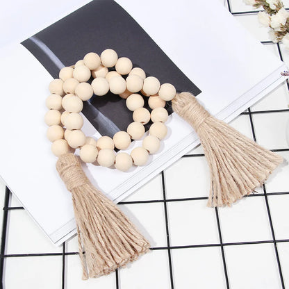 Wood Bead Garland With Jute Rustic Boho Tassels