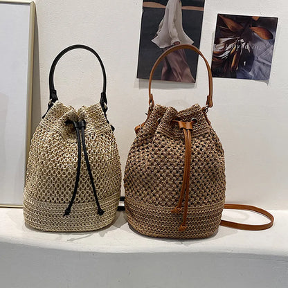 Summer Drawstring Straw Shoulder Bag