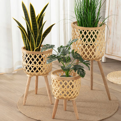 Handmade Bamboo Woven Flower Pot With Stand